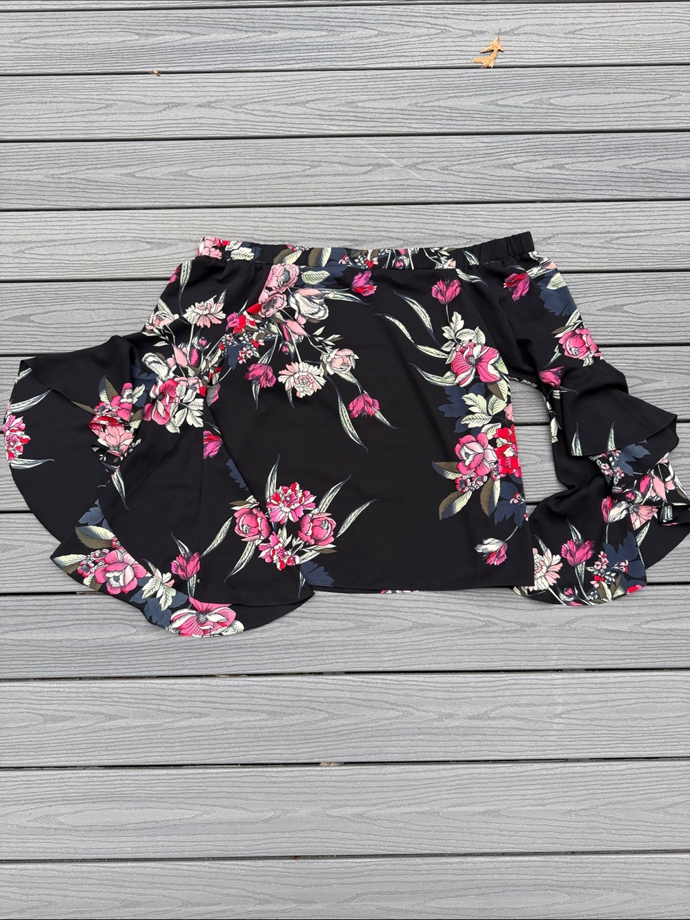 City Chic Black Off-Shoulder High-Low Top with Pink Floral